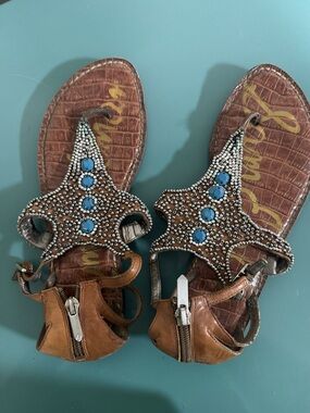 Sam Edelman Brown Leather Beaded Sandals with Blue Accents
